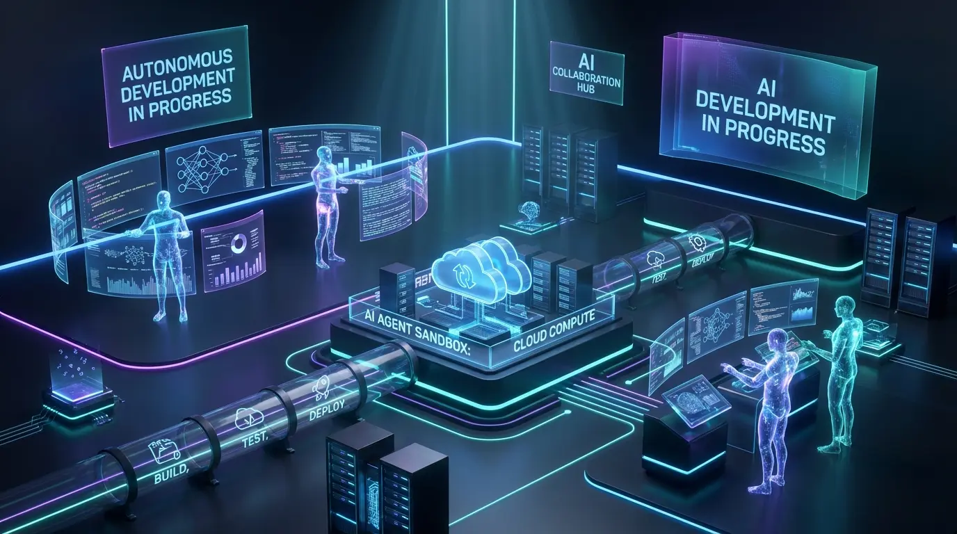 Futuristic autonomous AI development workspace with cloud sandboxes, automated CI/CD pipelines, and AI agents collaborating
