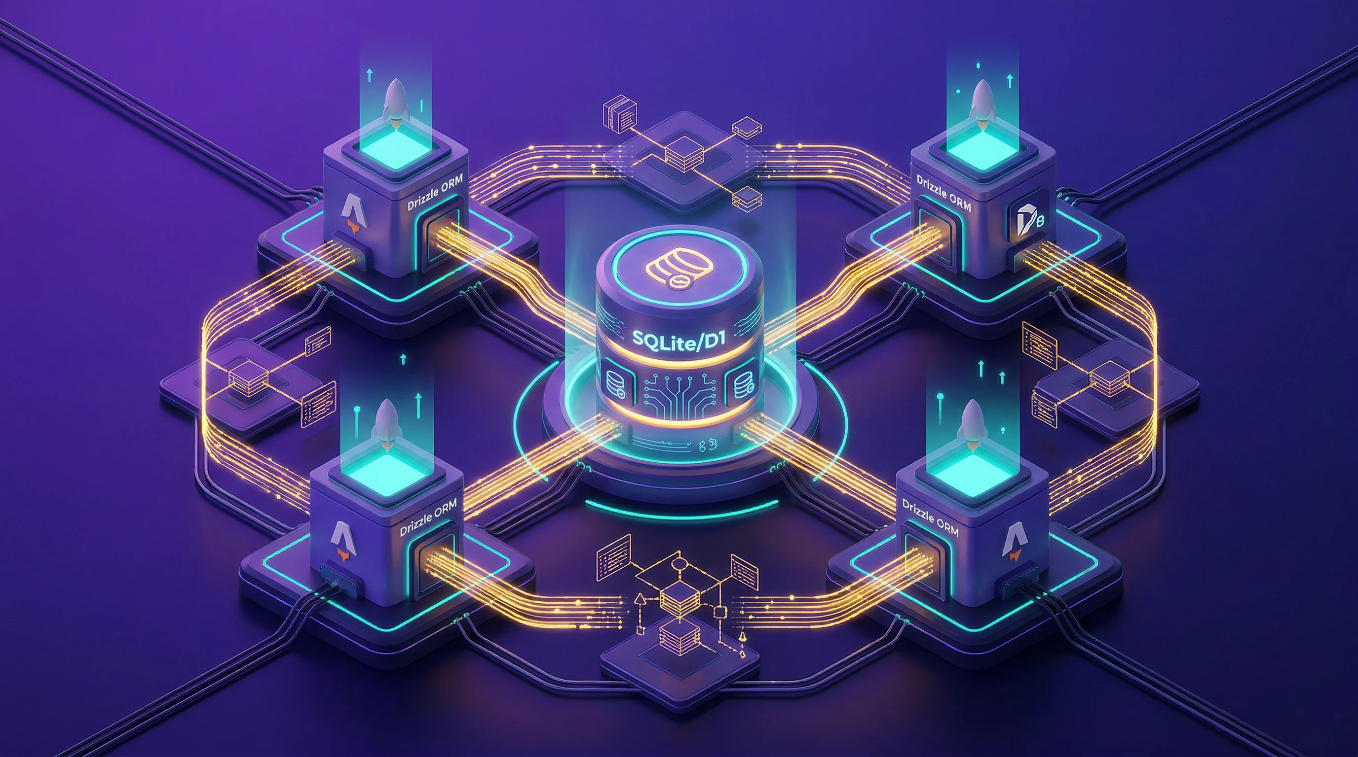 Diagram arsitektur database Cloudflare D1 dengan Astro menunjukkan skema type-safe dan serverless SQLite