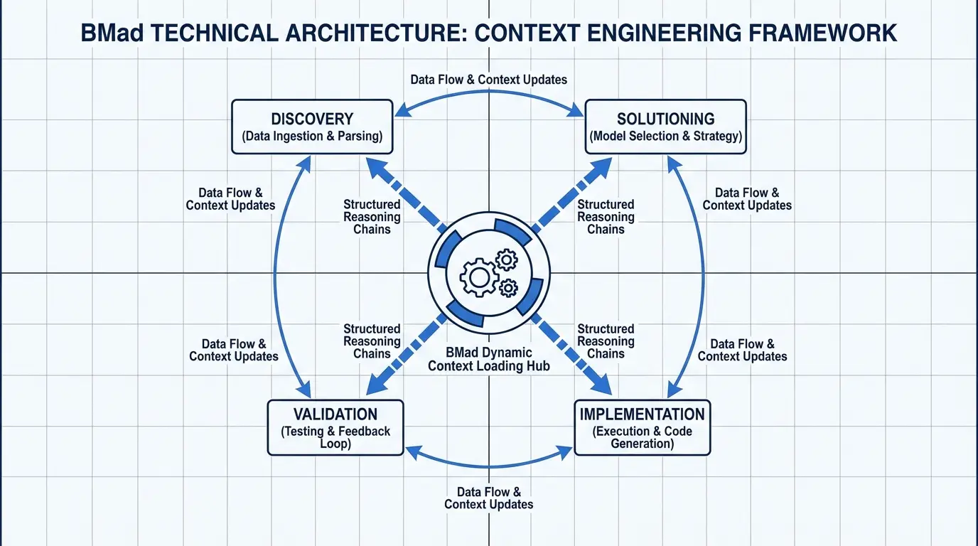 Arsitektur context engineering menunjukkan bagaimana BMAD mengorganisir spesifikasi, rencana, dan dokumentasi ke dalam hierarki folder terstruktur untuk konsumsi AI