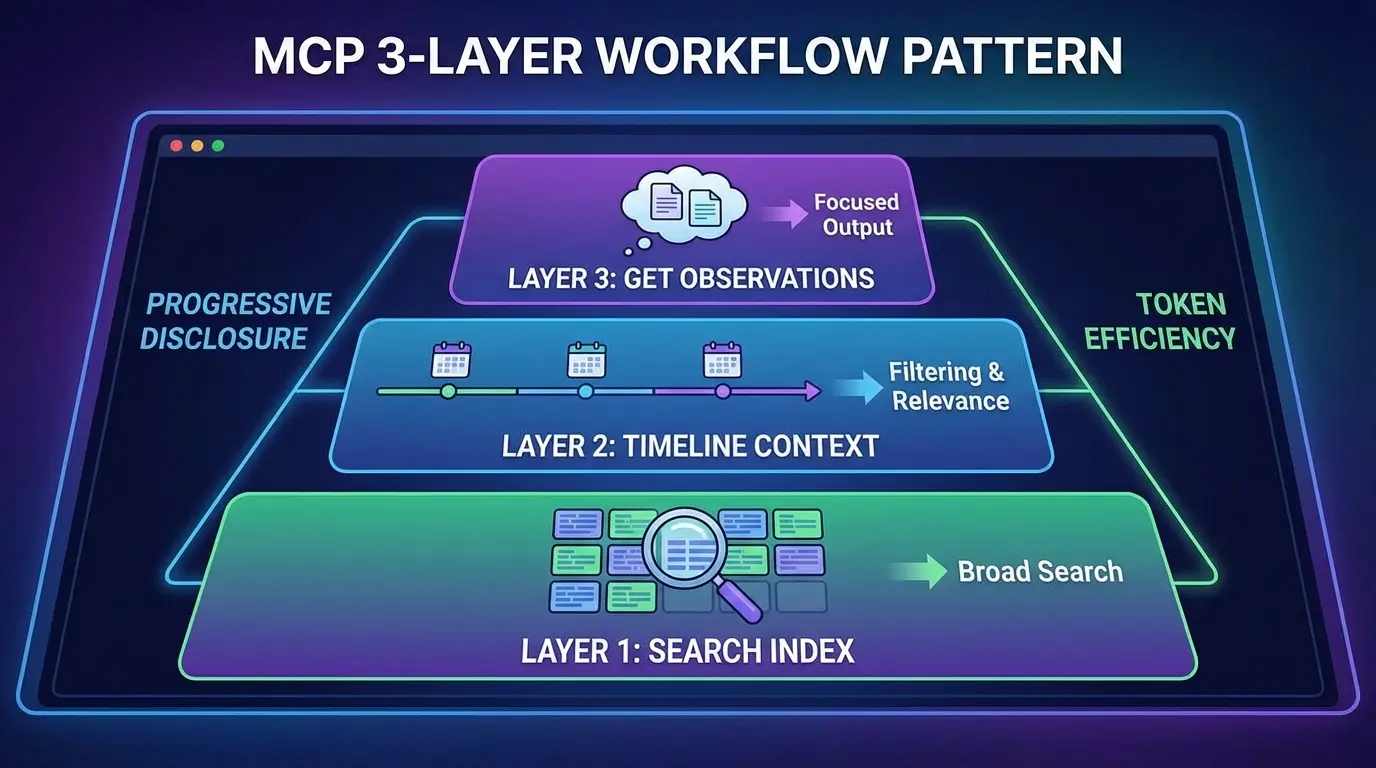 MCP 3-layer workflow visualization showing search index, timeline context, and observation retrieval