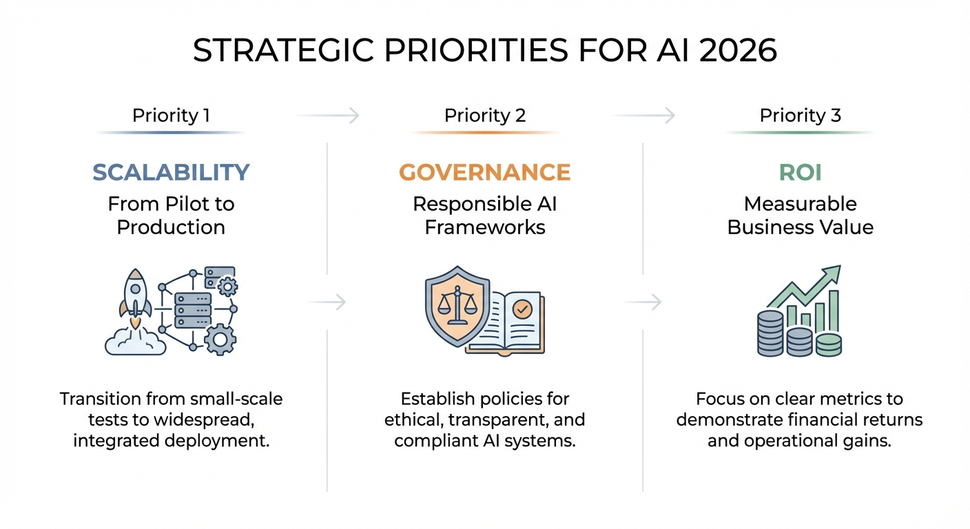 Infografis prioritas strategis untuk AI di tahun 2026: Skalabilitas, Tata Kelola, dan ROI