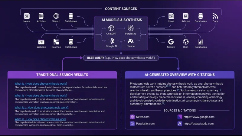 Diagram menunjukkan bagaimana mesin pencari AI men-sintesis konten dari berbagai sumber