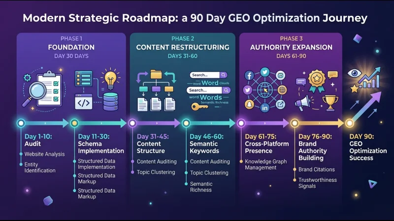 Roadmap optimasi GEO 90 hari menunjukkan tiga fase