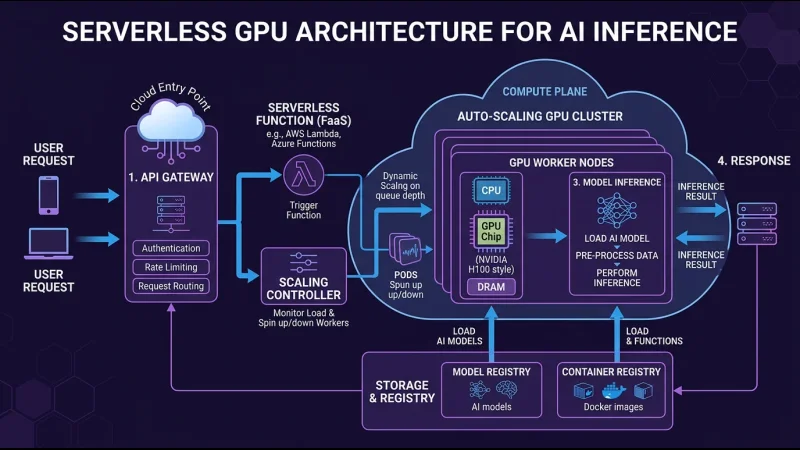 Diagram arsitektur serverless GPU menunjukkan alur dari user request melalui API gateway ke GPU cluster auto-scaling dan kembali